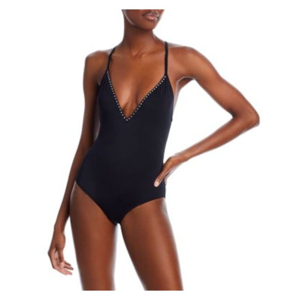 AQUA SWIM Women's Black V-Neck Rhinestones No Padding One Piece Swimsuit S